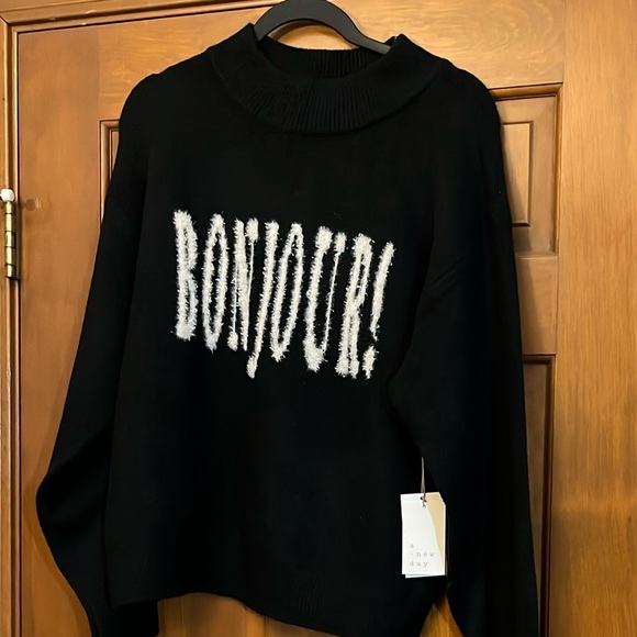 a new day Sweaters - NWT A New Day Mock Neck Black Sweater with “Bonjour” Text - Size L
